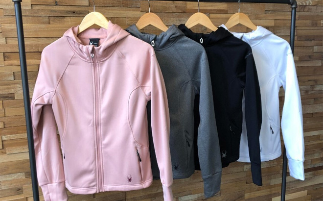 Spyder Womens Hayer Full Zip Hoodie in Four Colors on a Rack Spyder Womens Hayer Full Zip Hoodie in Four Colors on a Rack