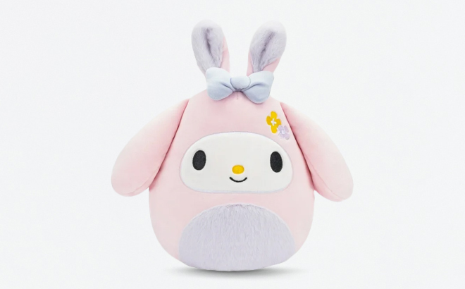 Squishmallows 8 Inch Hello Kitty My Melody in a Bunny Suit on a Gray Background