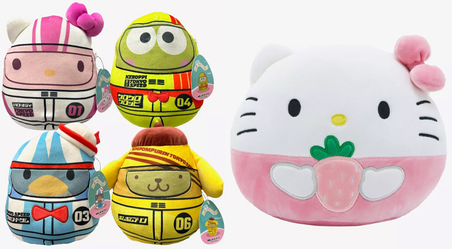 Squishmallows Hello Kitty And Friends Tokyo Speed Racing Assorted Blind Plush and Squishmallows Hello Kitty Strawberry Plush Hot Topic Exclusive