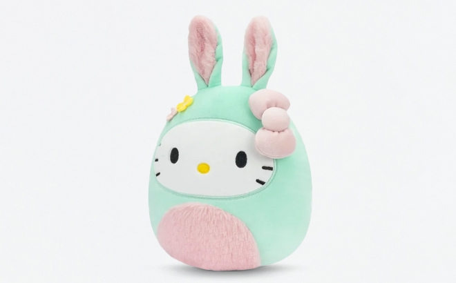 Squishmallows Original Sanrio 8 Inch Hello Kitty in a Easter Bunny Suit on a Gray Background