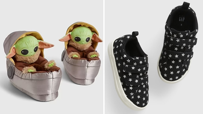 Star Wars Grogu Slippers on The Left and Star Sneakers on The Right