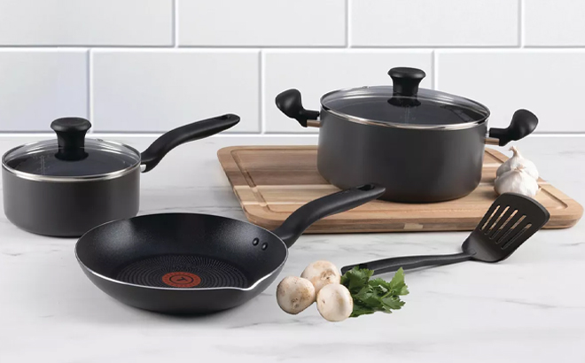 T Fal Initiatives Aluminum 6 Piece Cookware Set on a Kitchen Counter