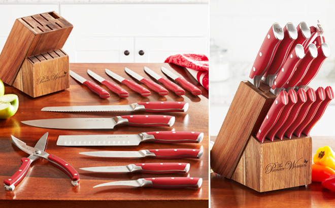 The Pioneer Woman 14 Piece Stainless Steel Knife Set on a Table
