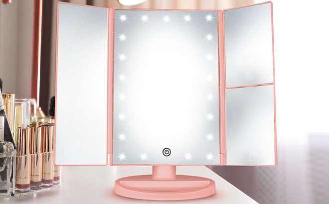 Tri Fold Lighted Vanity Mirror in Pink