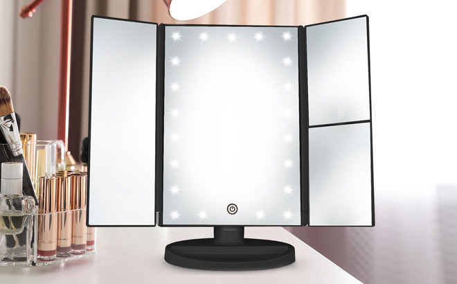 Trifold Lighted Vanity Mirror in Black Color