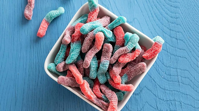 Trolli Sour Brite Crawlers Very Berry Gummy Worms in a Bowl