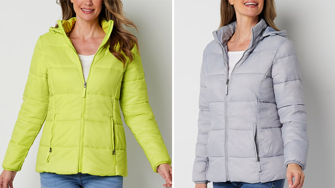 Two Different Colors of St Johns Bay Womens Removable Hood Midweight Puffer Jacket