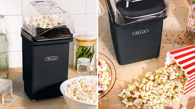 Two Images of Bella Hot Air Popcorn Maker on a Table