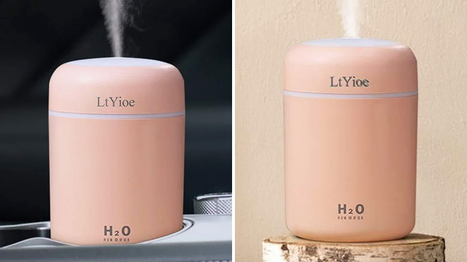 Two Images of Cool Mist Mini Humidifier in Pink Color
