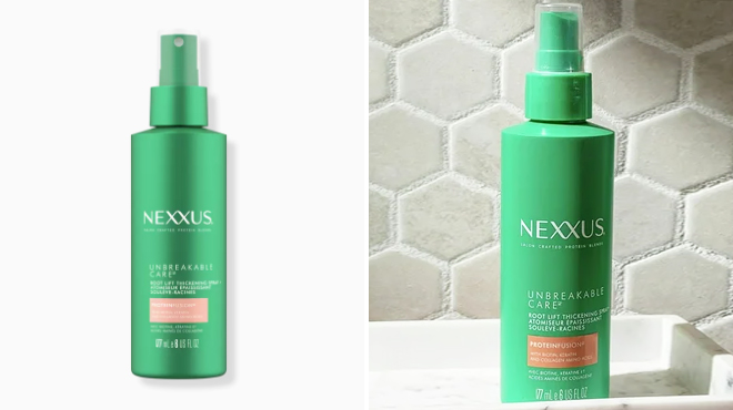Two Images of Nexxus Unbreakable Care Root Lift Hair Thickening Spray