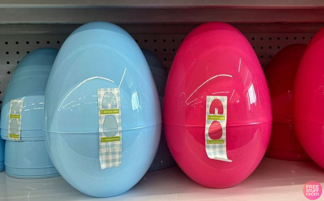 Two Jumbo Easter Eggs in Blue and Pink on Shelf at Five Below