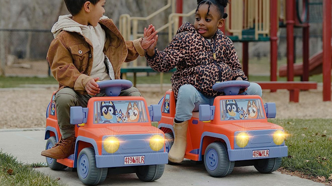 Two Kids Riding on Bluey 6 Volt Ride on Car with Sounds
