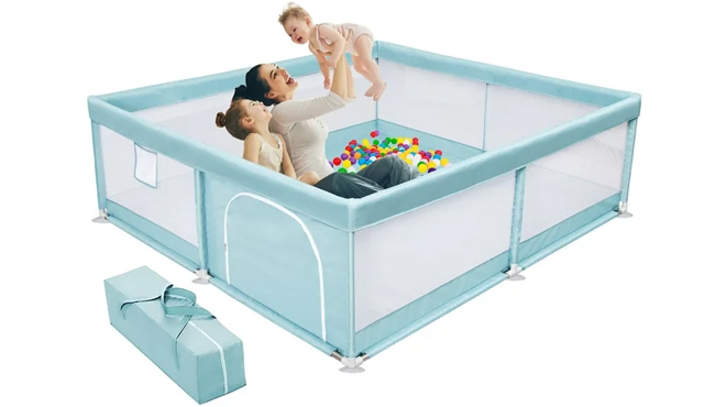 Two Kids and a Mom Playing Inside a Baby Playpen