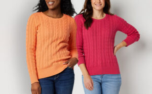 Two Person Wearing Different Colors of St Johns Bay Womens Crew Neck Long Sleeve Cable Knit Pullover Sweater