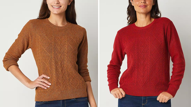 Two Person Wearing Two Different Colors of St Johns Bay Womens Crew Neck Sweater