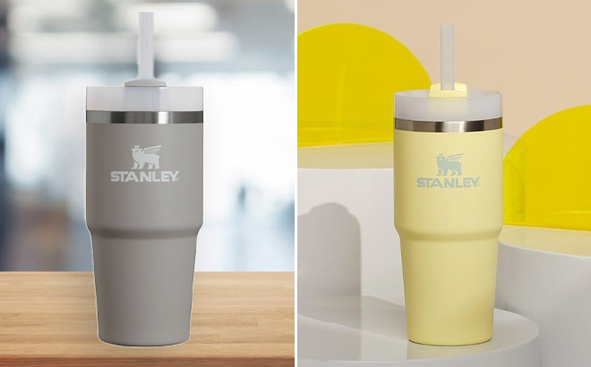 Two Stanley Quencher Tumblers in Grey and Yellow