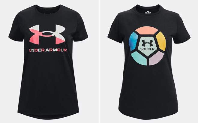 Two Black Under Armour Girls T Shirts on a Light Gray Background