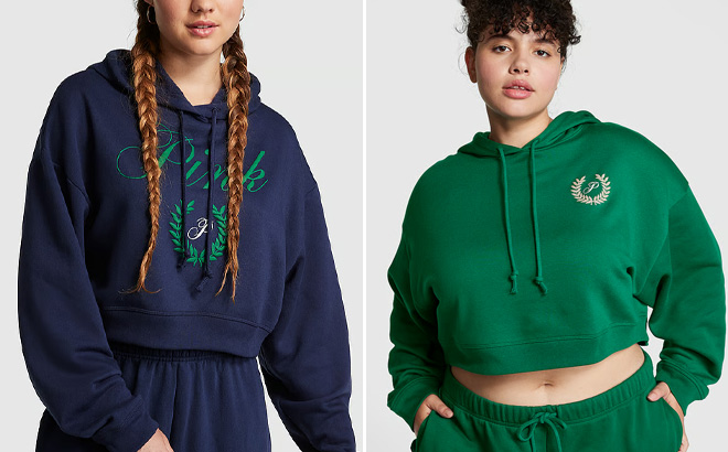 Two Victorias Secret Everyday Fleece Cropped Hoodies in Blue and Green