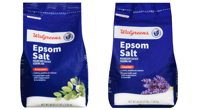 Two Walgreens Epsom Salt 3 Lbs Bags in Eucalyptus and Lavender