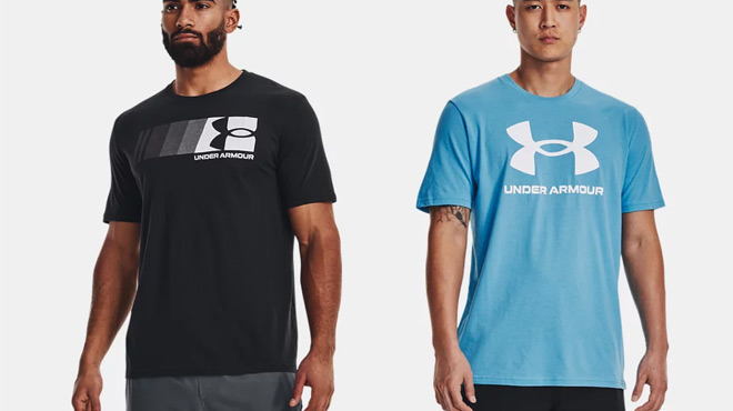 Models Wearing Black Under Armour Mens Fast Chest T Shirt on the Left and Blue Under Armour Mens Sportstyle Logo T Shirt on the Right