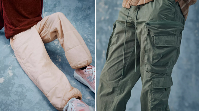 Urban Outfitters Dyed Quilted Pants on the left and Urban Outfitters Technical Nylon Cargo Pants on the right