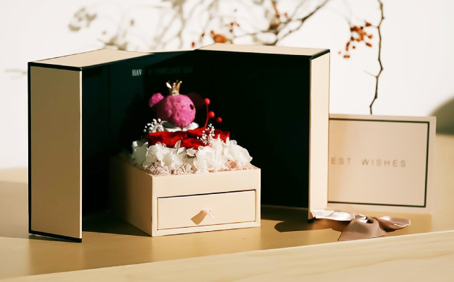 Valentines Day Luxury Gift Set with Bear Roses Jewelry Box and Greeting Card