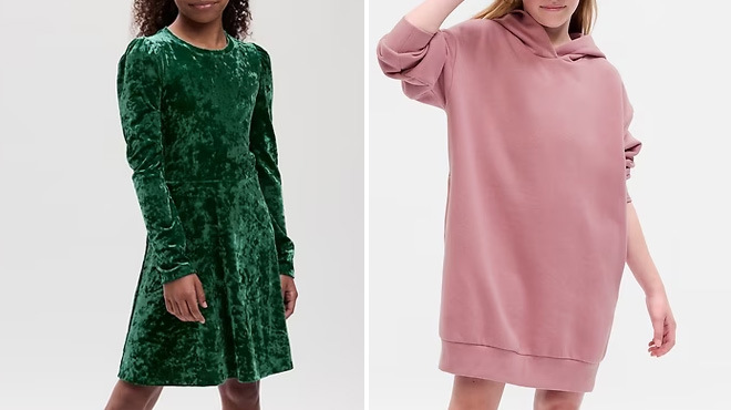 Velvet Skater Dress on The Left and Sweatshirt Dress on The Right