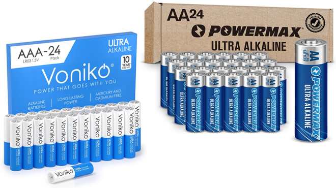 Voniko AAA Bateries 24 Pack on The Left and Powermax 24 Count AA Batteries on The Right