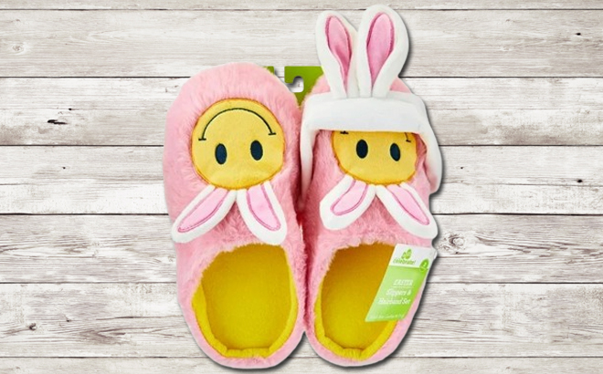 Easter Smiley Slipper and Headband Set on a Wooden Background