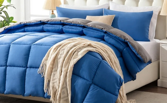 WhatsBedding 3 Pieces Bed in a Bag Comforter Set on a Bed in the Color Blue