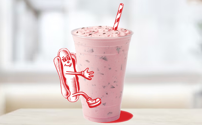Wienerschnitzel Chocolate Covered Strawberry Shake on a Table