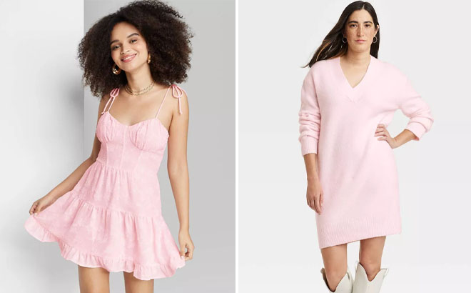 Wild Fable Womens Sleeveless Satin Floral Mini Dress and Universal Thread Womens Long Sleeve Tunic Mini Sweater Dress