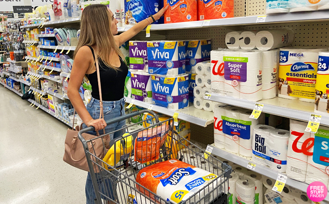 Woman with Scott Comfort Plus Toilet Paper in a Cart