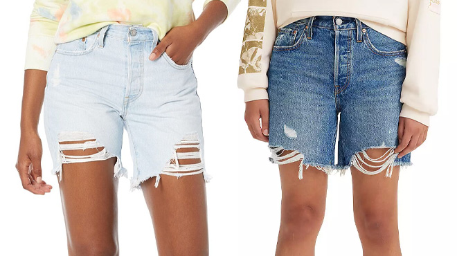 Women Wearing Levi's 501 Mid-Thigh Frayed Jean Shorts Women Wearing Levi's 501 Mid-Thigh Frayed Jean Shorts