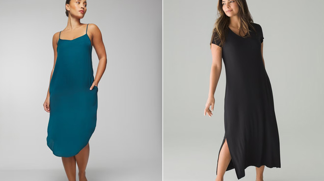 Women Wearing a Soma Crinkle Satin Midi Gown on the Left and Soma Cool Nights Long Sleepshirt on the right