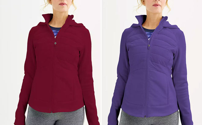 Models Wearing Womens Tek Gear Hooded Mixed Media Jacket - Red on the Left and Purple on the Right