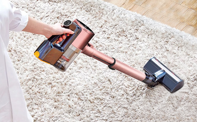 a Person Vacuuming a Carpet with LG Cordless Stick Vacuum