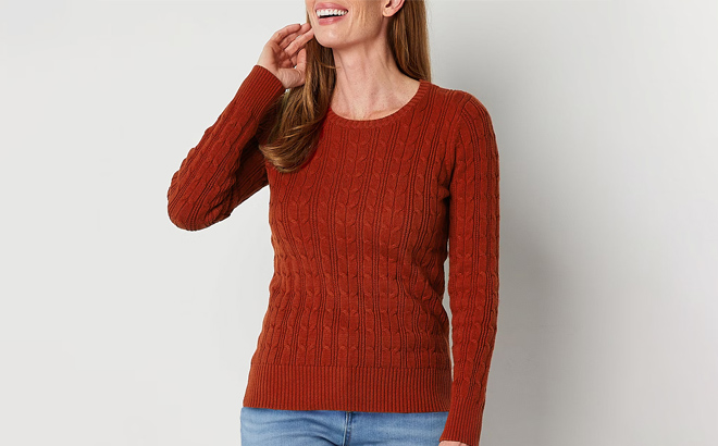 a Person Wearing a St Johns Bay Womens Long Sleeve Pullover Sweater