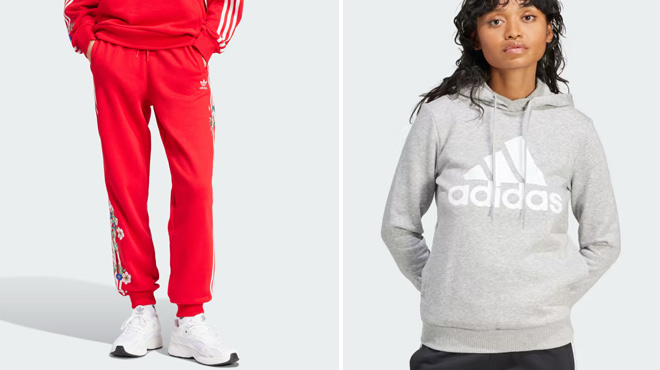 a Woman Wearing Adidas Floral Joggers on the Left Adidas Hoodie on the Left
