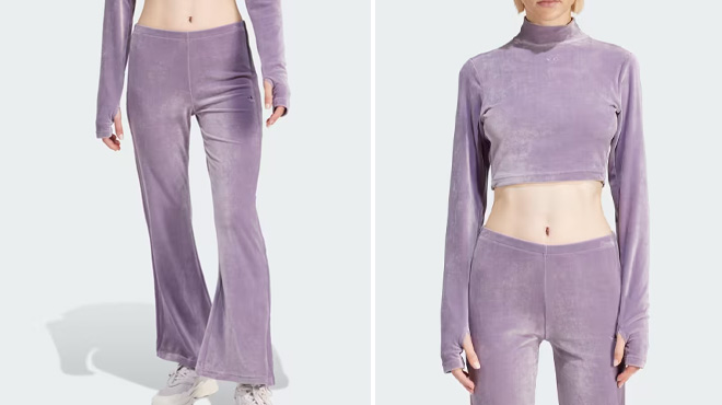 a Woman Wearing Adidas Velvet Flared Pants and Crop Top