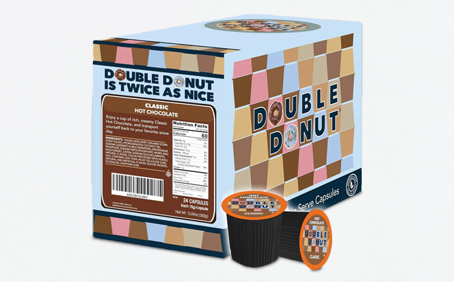 an Image of Double Donut Hot Chocolate Pods 24 Count Box an Image of Double Donut Hot Chocolate Pods 24 Count Box