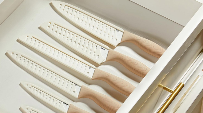 arote 12 pc Knife set with Blade Guards Inside an Opened Drawer arote 12 pc Knife set with Blade Guards Inside an Opened Drawer