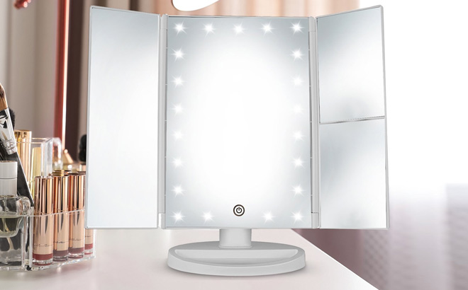 deweisn Tri Fold Lighted Vanity Tabletop Mount Mirror with 21 LED Lights