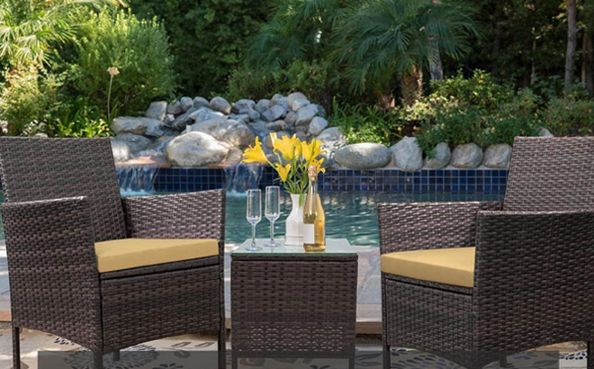3 Piece Outdoor Patio Wicker Bistro Set with Side Storage Table