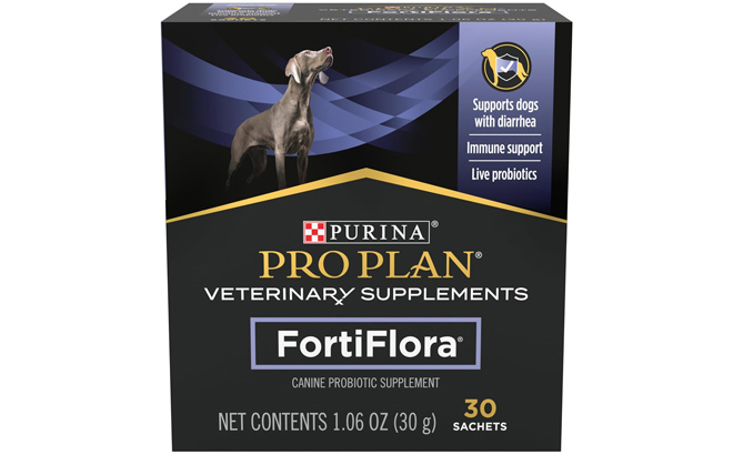 A 30 Count Box of Purina Pro Plan Dog Probiotic Supplements