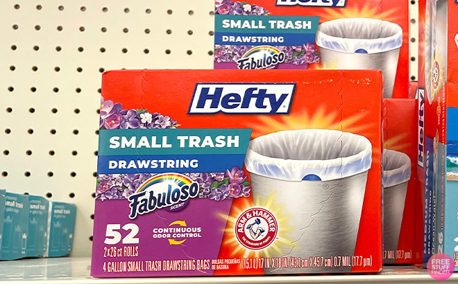 A Box of Hefty 52 Count Small Trash Bags with Fabuloso Scent on a Shelf