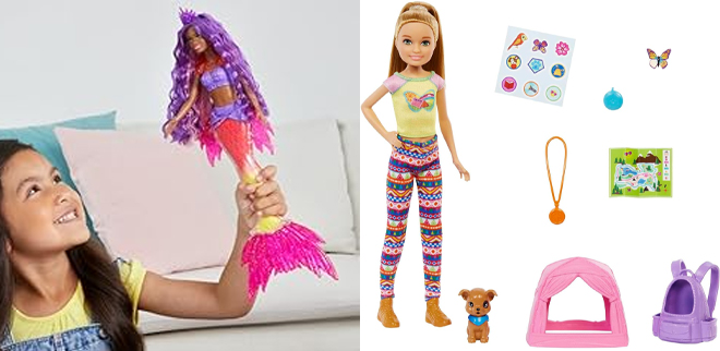 A Child Playing with a Barbie Mermaid Power Doll on the Left and Barbie It Takes Two Stacie Doll Accessories on the Right