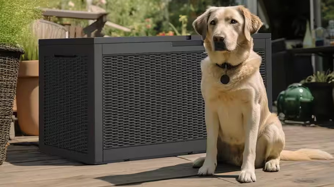 A Dog Standing in Front of the EasyUp 100 Gallon Outdoor Deck Box