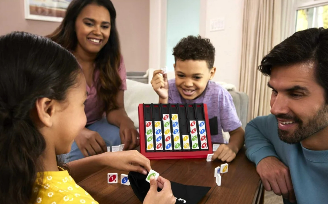 A Family Playing UNO Quatro Game