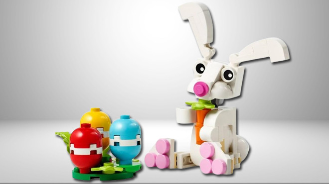 A LEGO Easter BunnyToy Set Posing with Three Colorful Easter Eggs